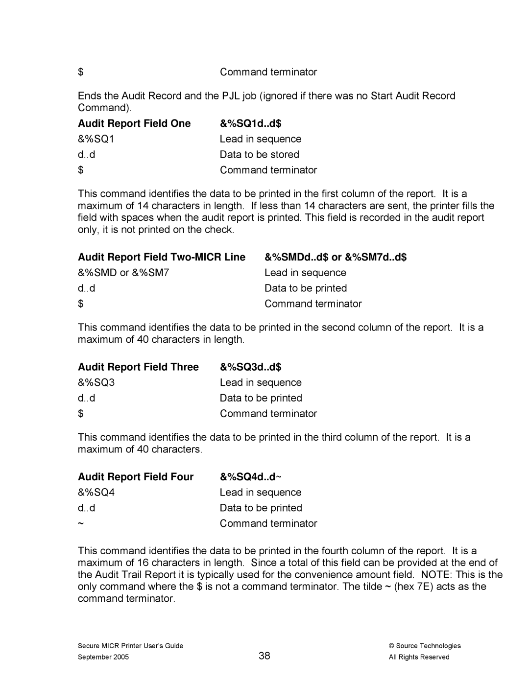 Source Technologies ST9530 manual Audit Report Field One SQ1d..d$, Audit Report Field Two-MICR Line 