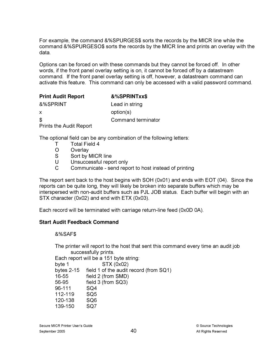 Source Technologies ST9530 manual Print Audit Report SPRINTxx$, Start Audit Feedback Command 