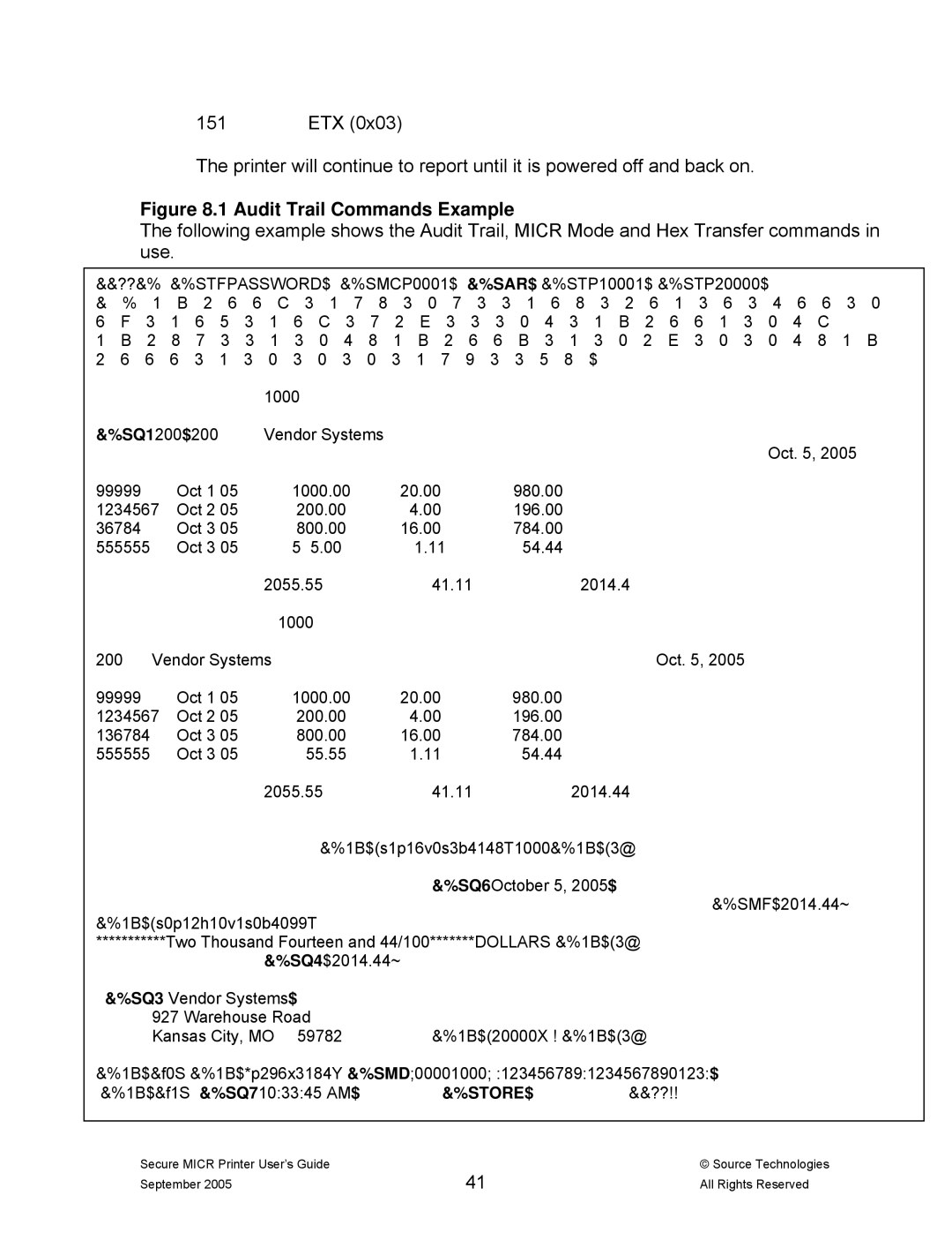 Source Technologies ST9530 manual Audit Trail Commands Example 