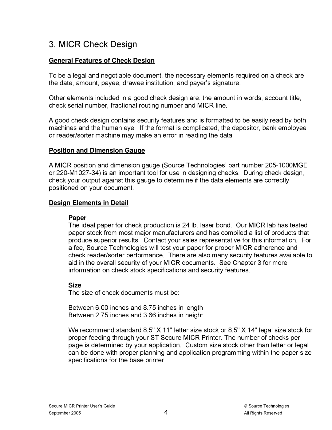 Source Technologies ST9530 manual Micr Check Design, General Features of Check Design, Position and Dimension Gauge, Size 