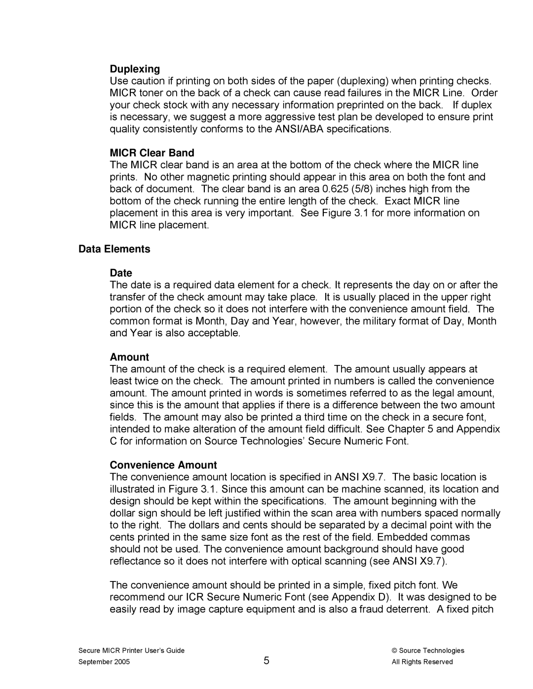 Source Technologies ST9530 manual Duplexing, Micr Clear Band, Data Elements Date, Amount Convenience Amount 