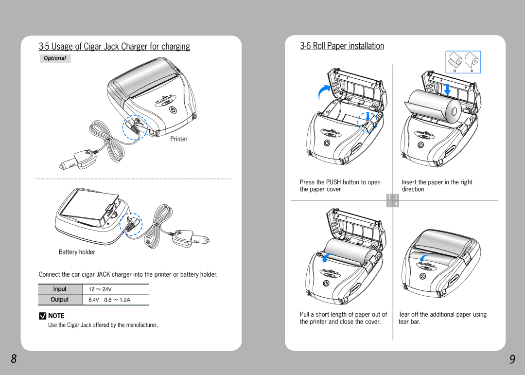 Source Technologies STM.117W specifications Usage of Cigar Jack Charger for charging, Roll Paper installation 