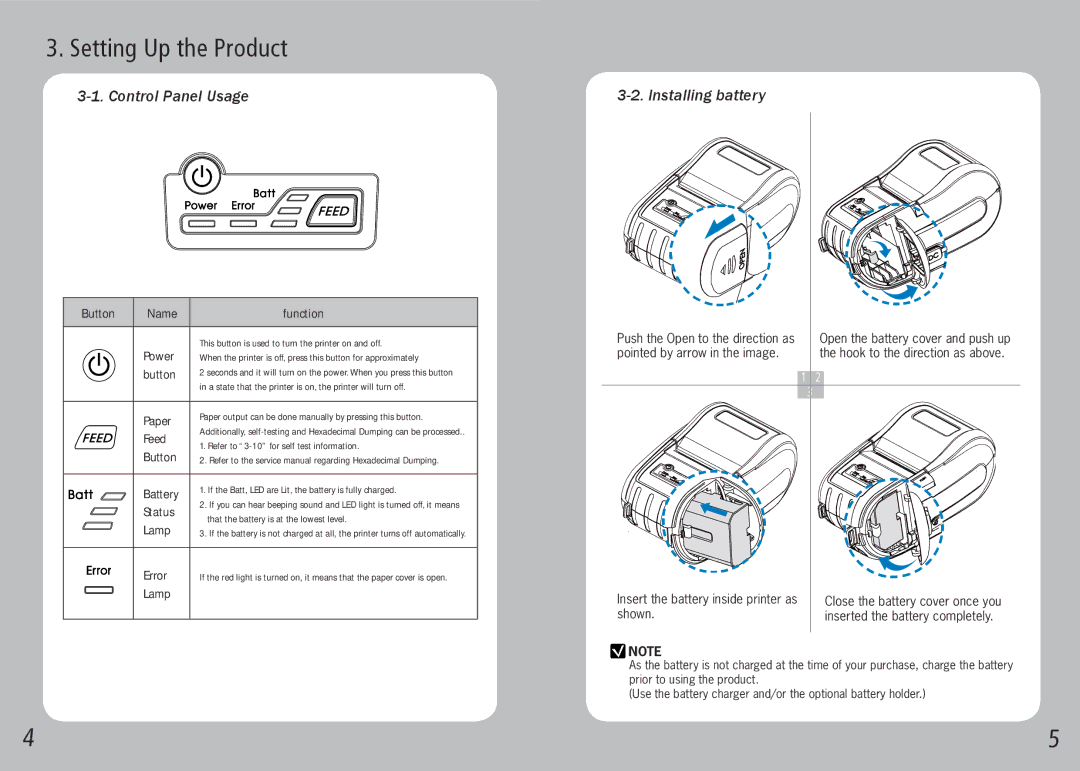 Source Technologies STM.57B specifications Setting Up the Product, Control Panel Usage Installing battery 