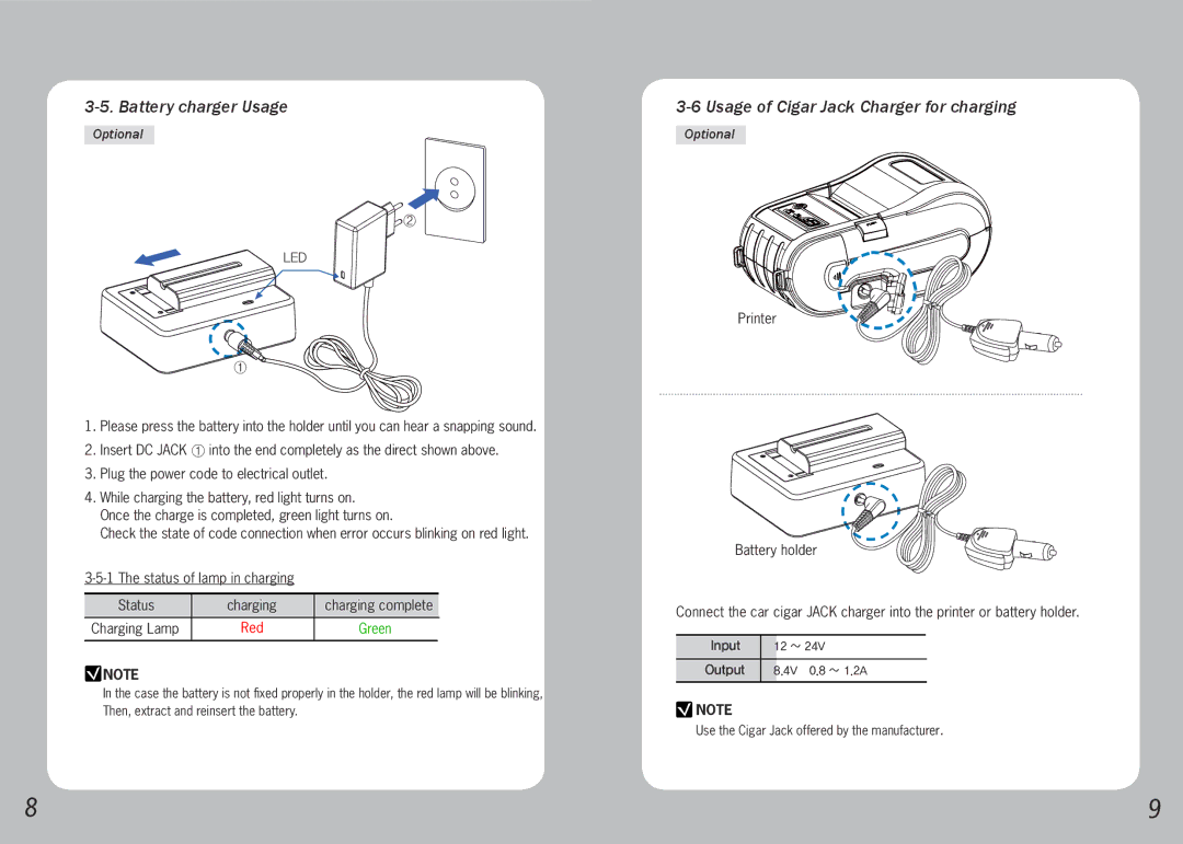 Source Technologies STM.57B specifications Battery charger Usage, Usage of Cigar Jack Charger for charging 