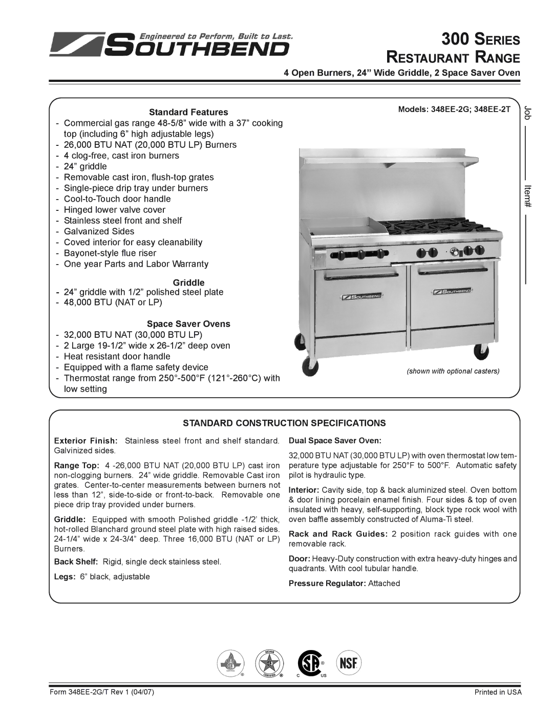 Southbend 300 Series specifications Griddle, Space Saver Ovens, Standard Construction Specifications 