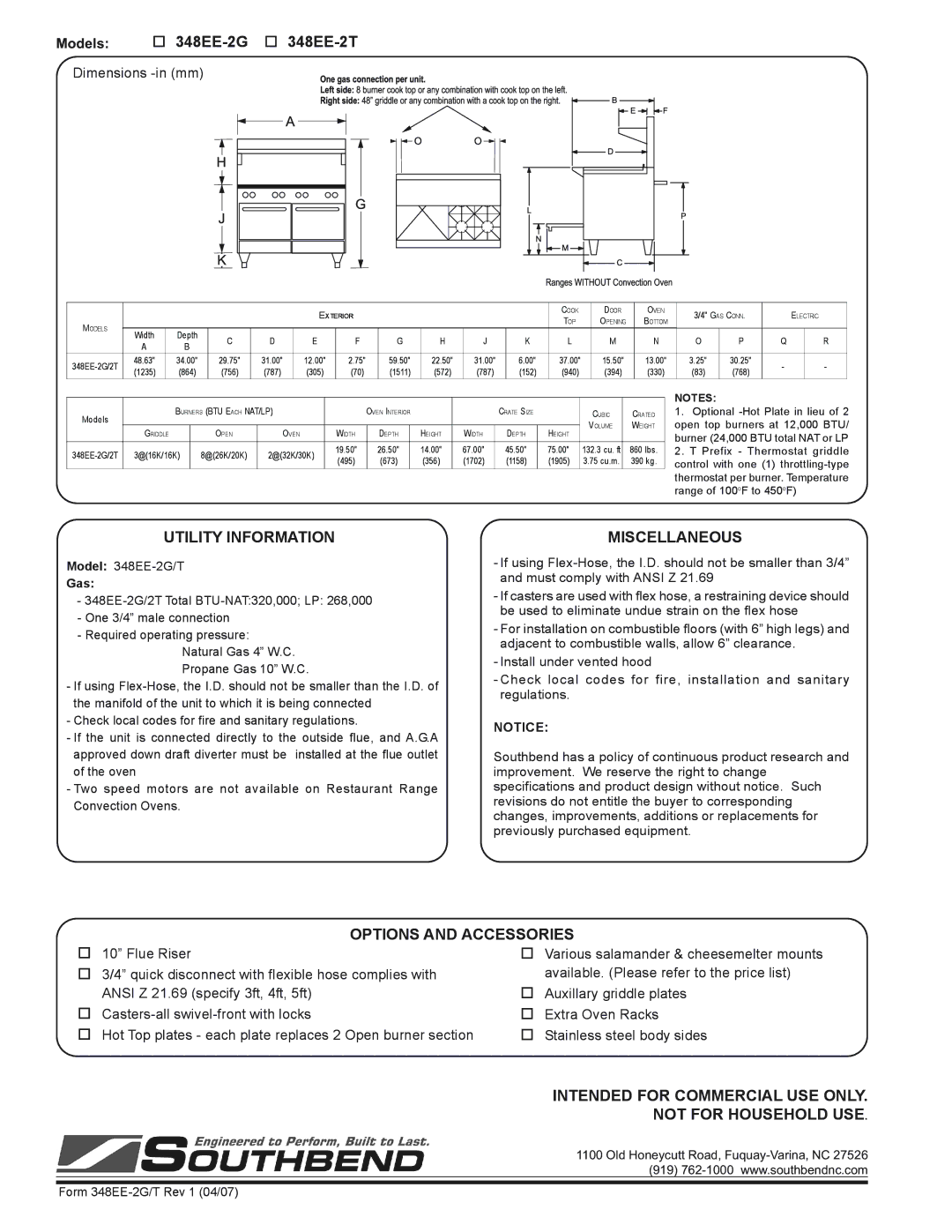 Southbend 300 Series specifications Models 348EE-2G 348EE-2T, Utility Information, Miscellaneous, Options and Accessories 