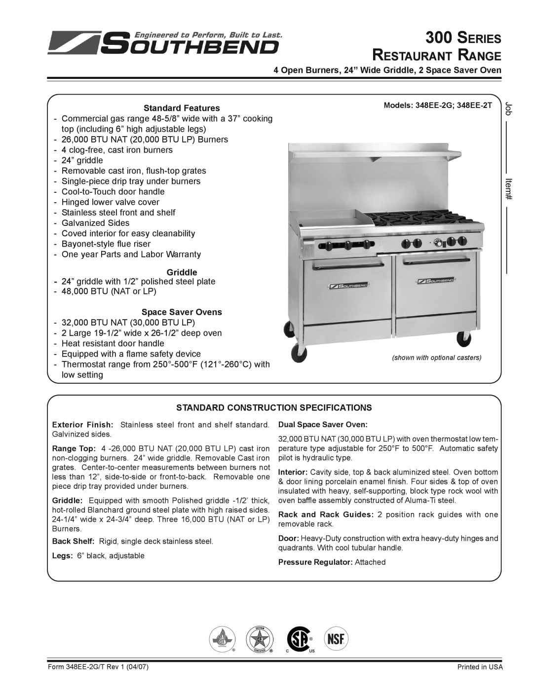 Southbend 300 Series specifications Standard Features, Griddle, Space Saver Ovens, Standard Construction Specifications 