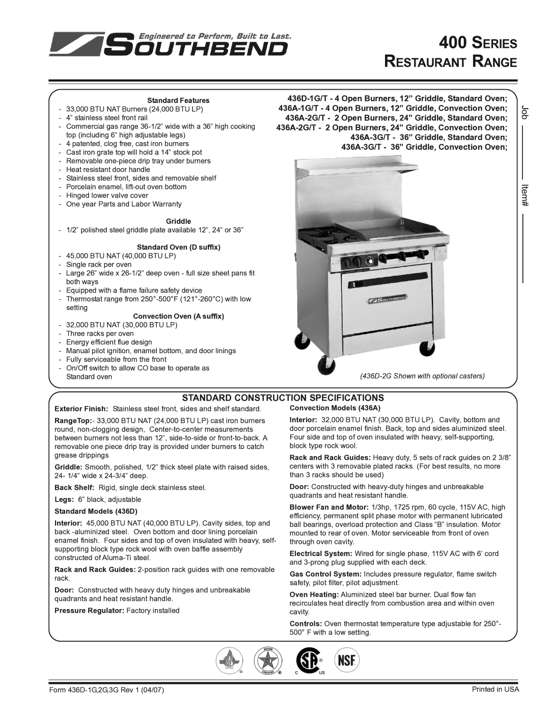 Southbend 400 series specifications Standard Construction Specifications 