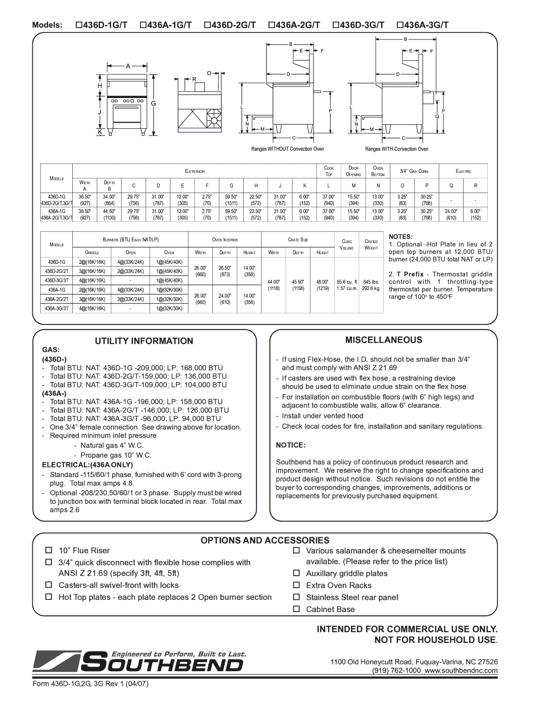 Southbend 400 series specifications Utility Information, Miscellaneous, Options and Accessories 