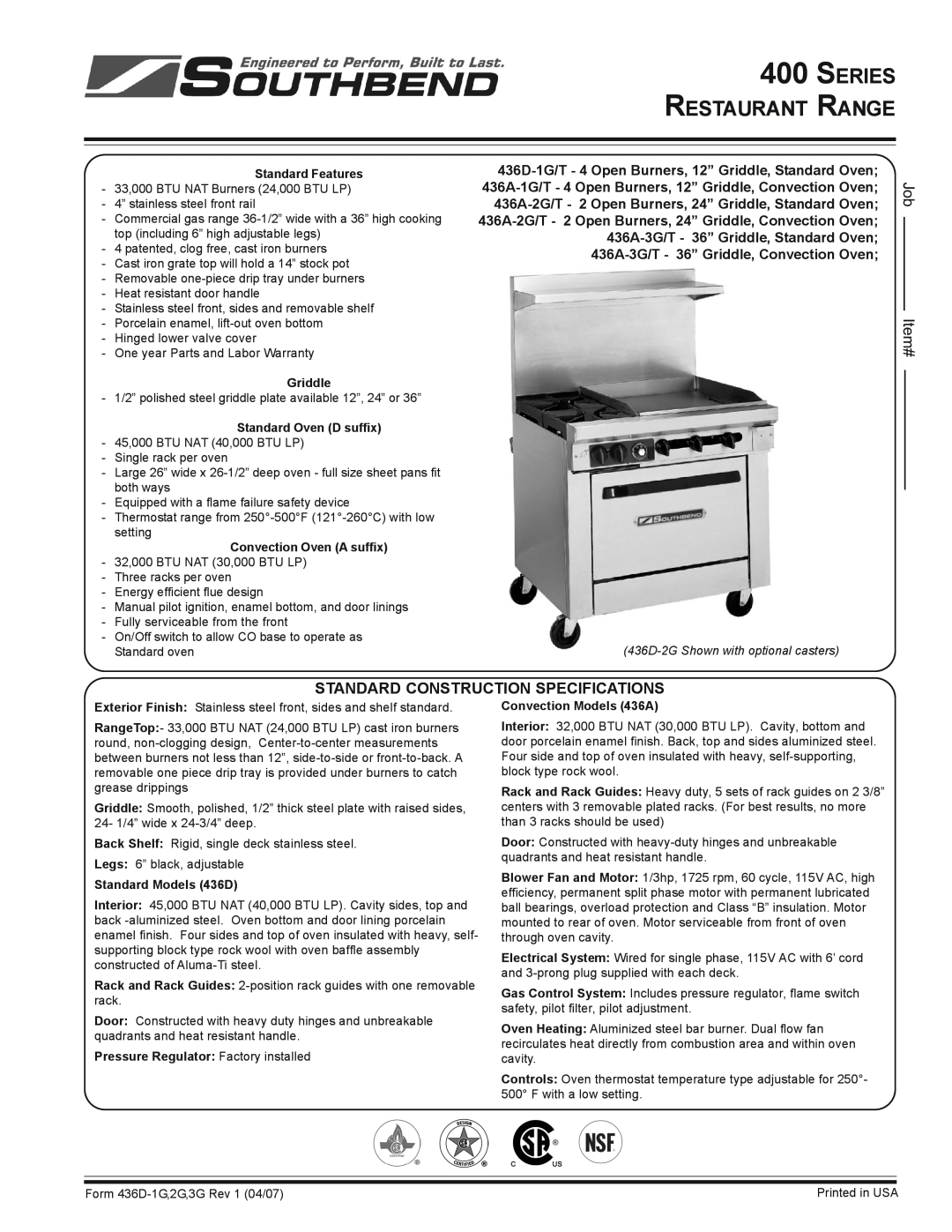 Southbend 400 series specifications Standard Construction Specifications, Series Restaurant Range, Job Item#, Griddle 