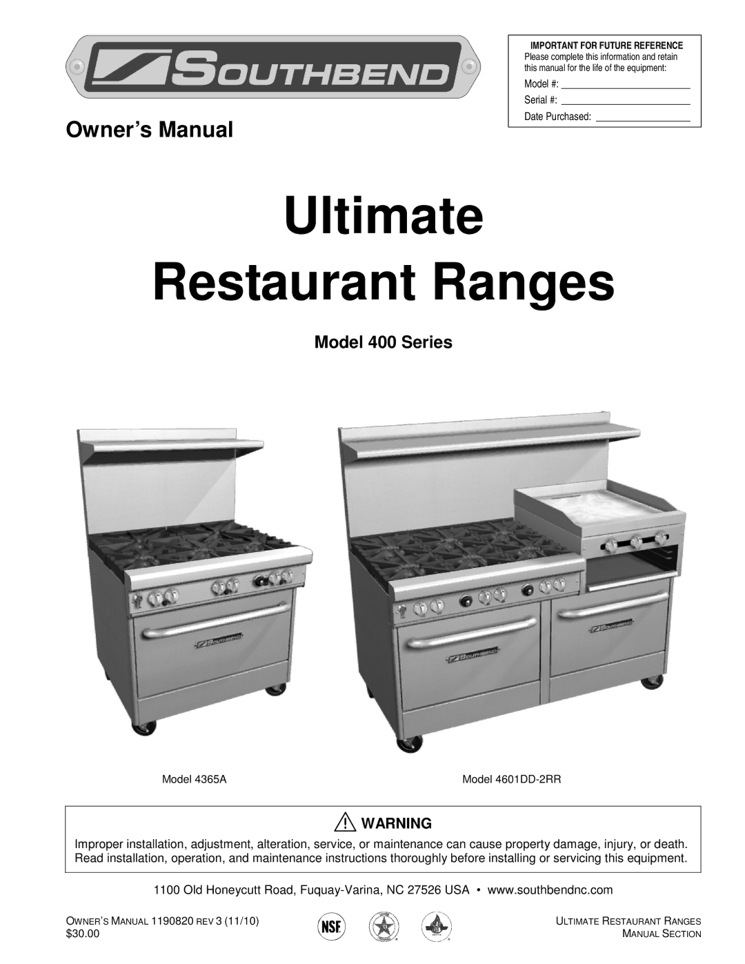 Southbend 4365A, 4601DD-2RR owner manual Ultimate Restaurant Ranges 