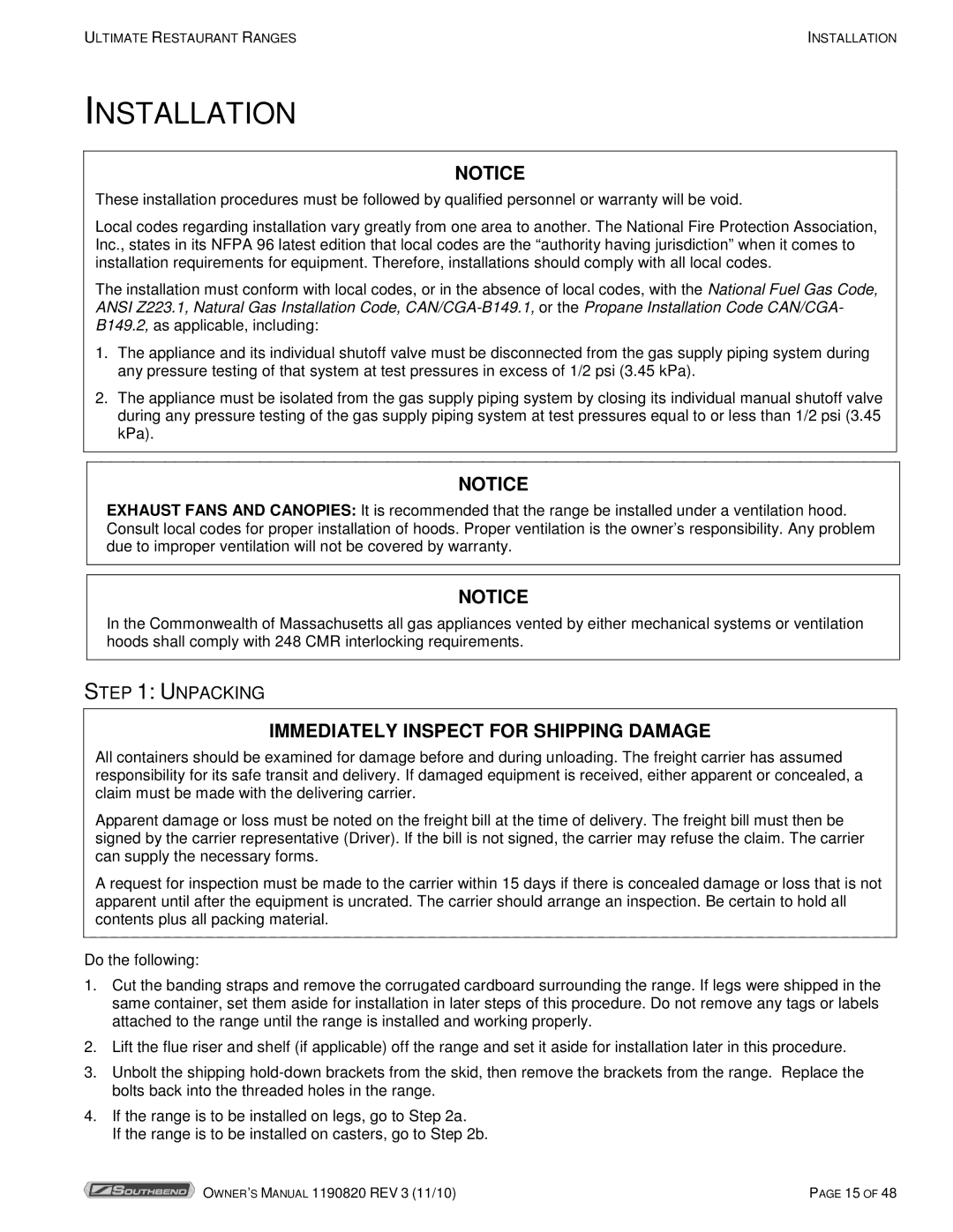 Southbend 4365A, 4601DD-2RR owner manual Installation, Unpacking 