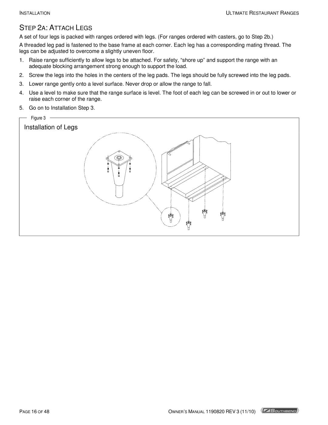 Southbend 4601DD-2RR, 4365A owner manual Installation of Legs, Attach Legs 