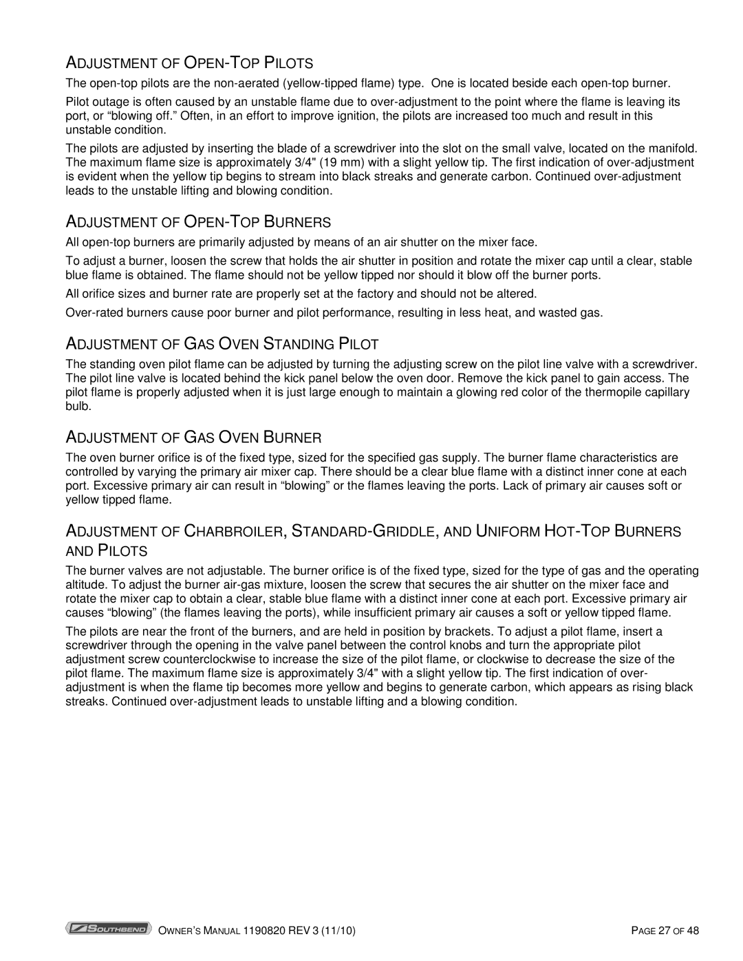 Southbend 4365A Adjustment of OPEN-TOP Pilots, Adjustment of OPEN-TOP Burners, Adjustment of GAS Oven Standing Pilot 