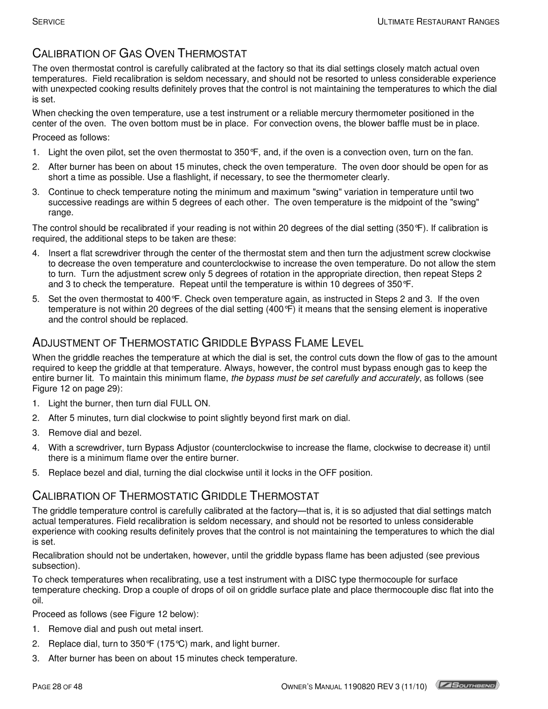 Southbend 4601DD-2RR, 4365A Calibration of GAS Oven Thermostat, Adjustment of Thermostatic Griddle Bypass Flame Level 