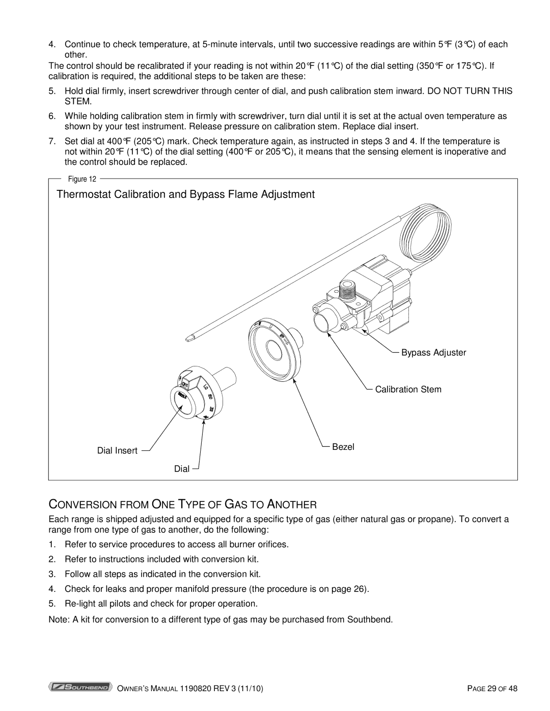 Southbend 4365A, 4601DD-2RR Thermostat Calibration and Bypass Flame Adjustment, Conversion from ONE Type of GAS to Another 