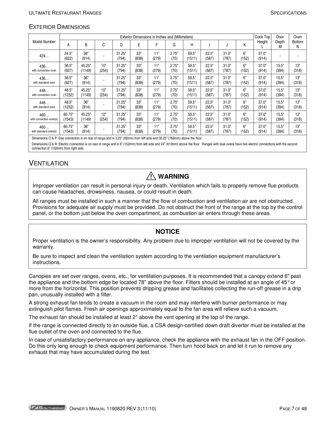 Southbend 4365A, 4601DD-2RR owner manual Ventilation, Exterior Dimensions 