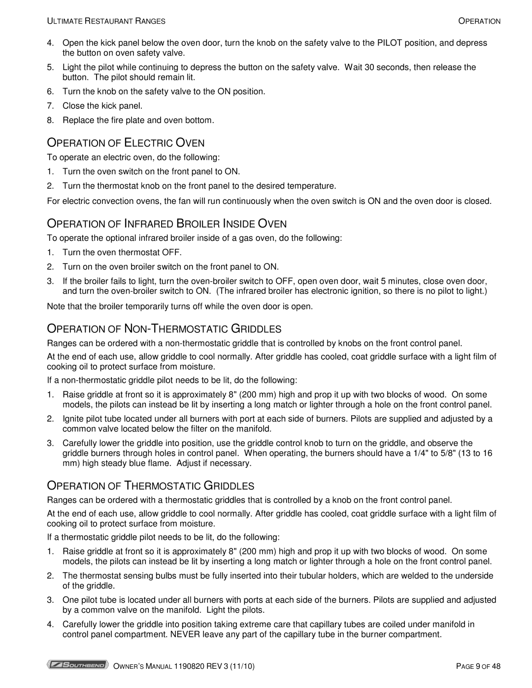 Southbend 4365A Operation of Electric Oven, Operation of Infrared Broiler Inside Oven, Operation of Thermostatic Griddles 