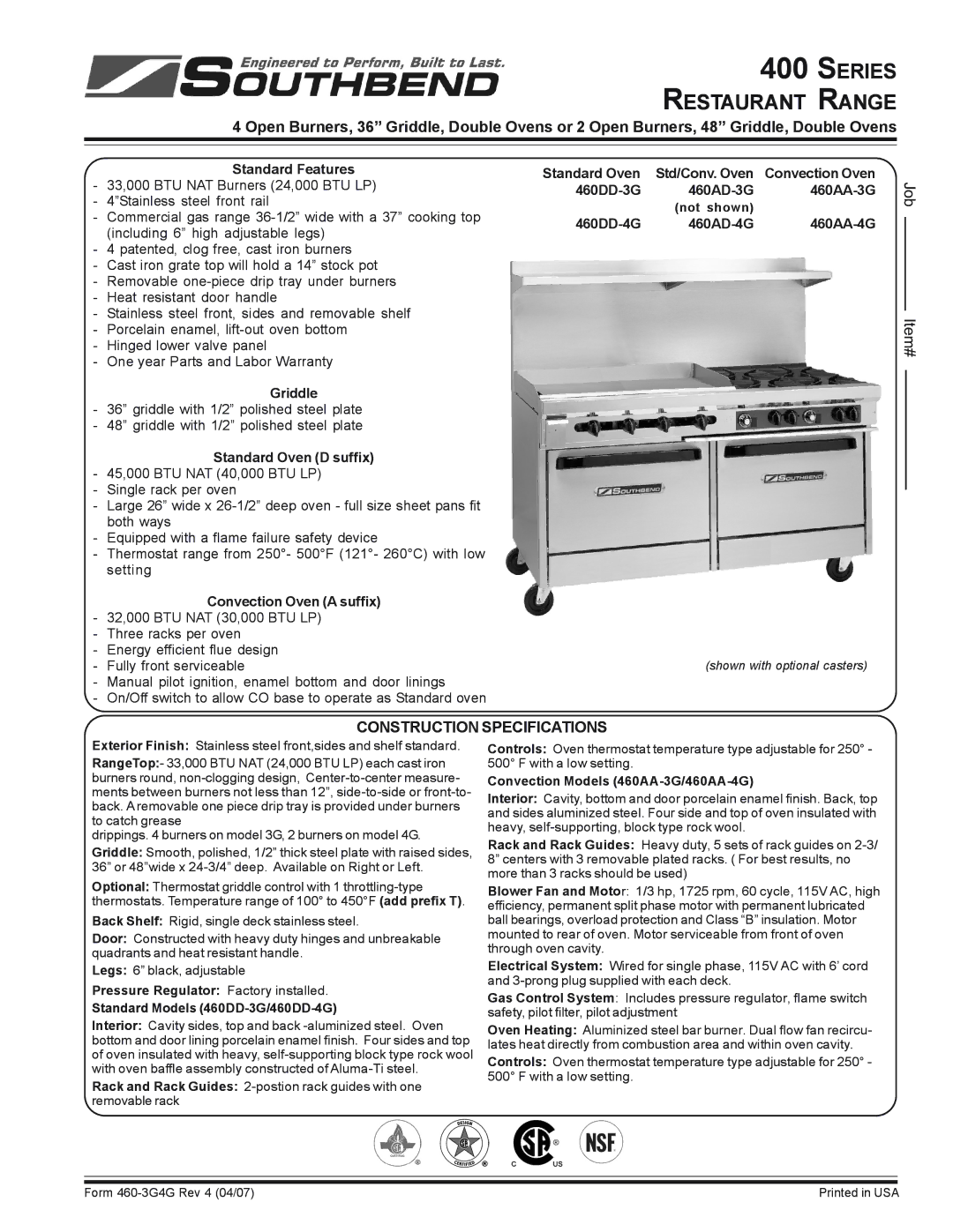 Southbend 460AD-3G, 460DD-4G, 460AD-4G, 460AA-4G, 460DD-3G, 460AA-3G specifications Construction Specifications 