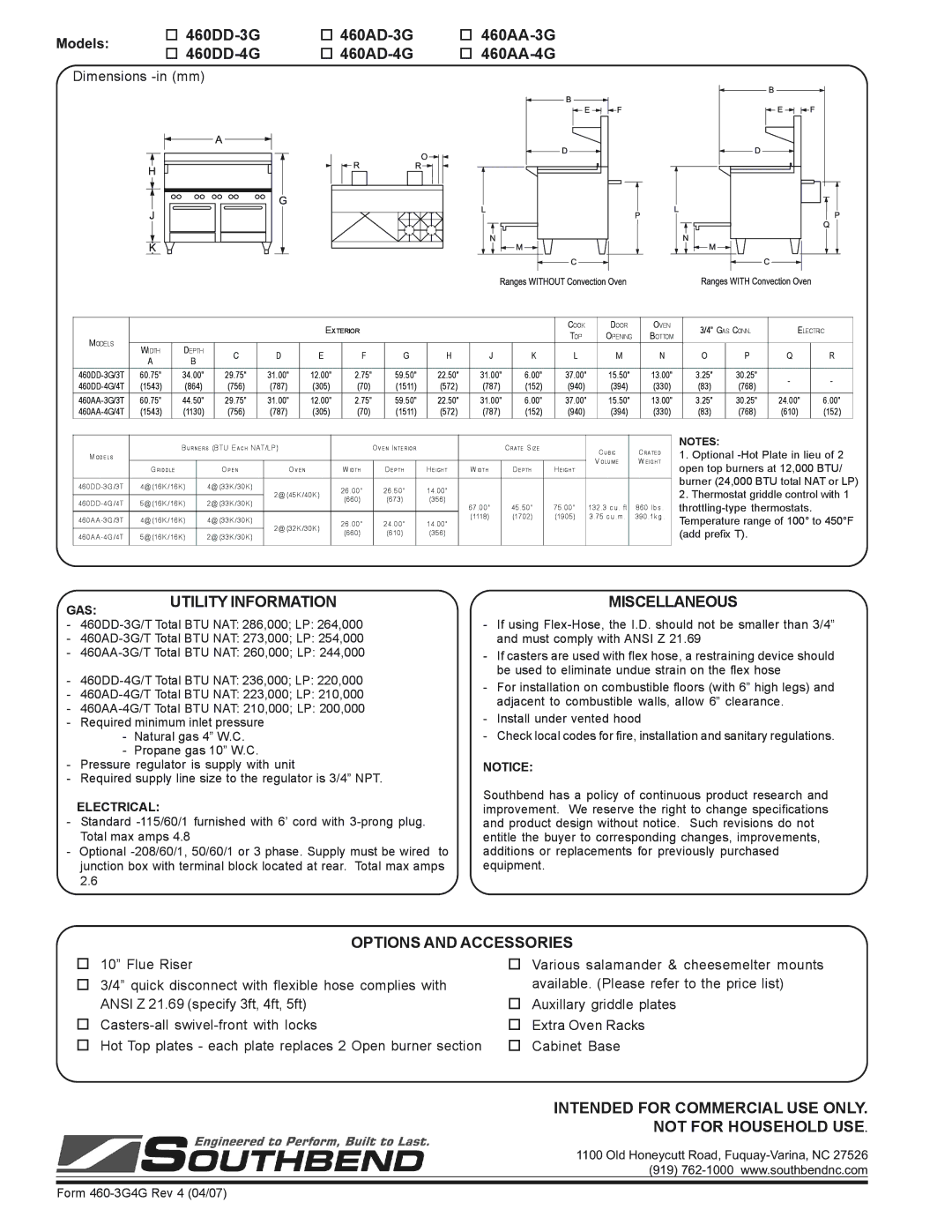 Southbend 460AD-4G Miscellaneous, Options and Accessories, Intended for Commercial USE only Not for Household USE, Models 