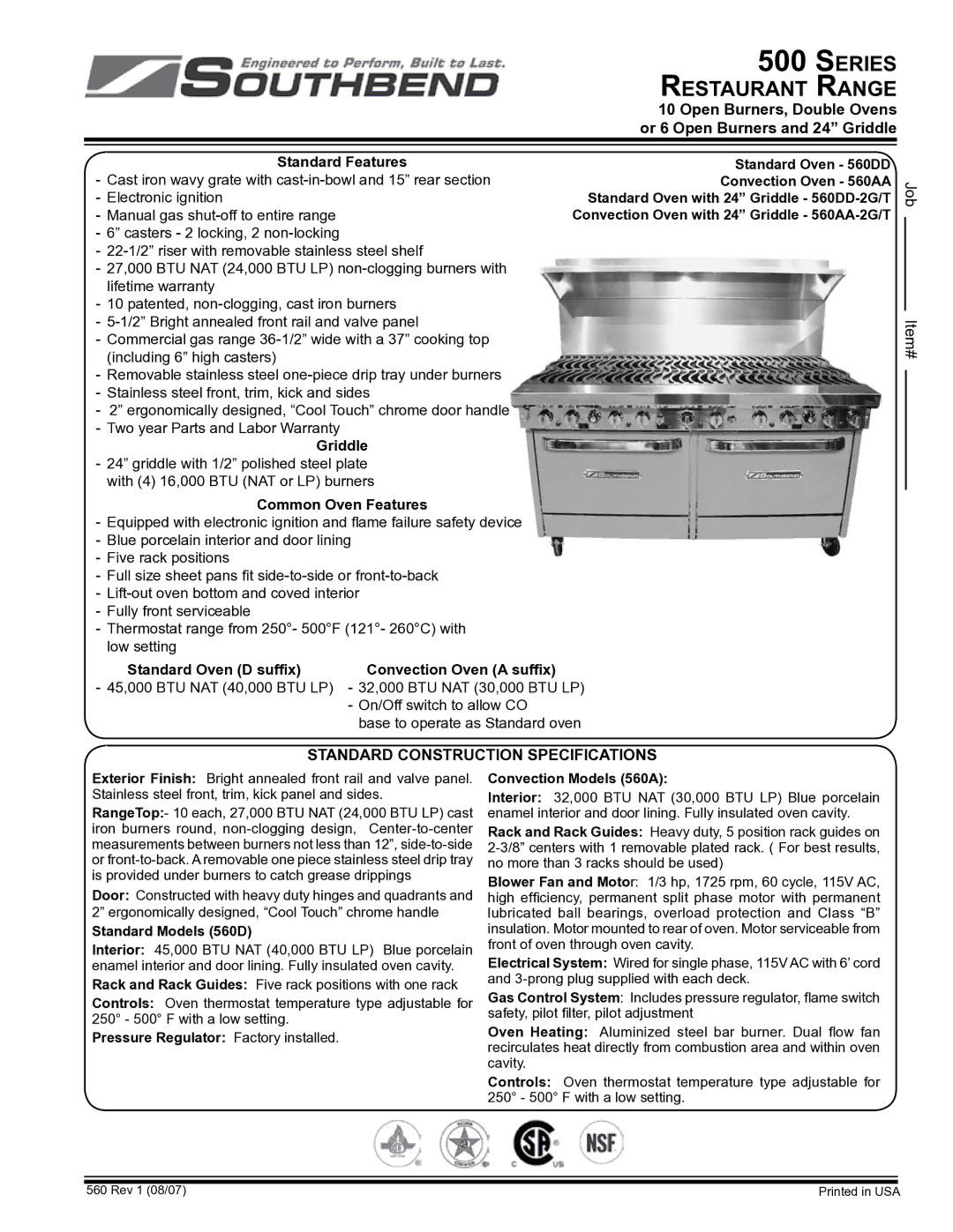 Southbend 500 Series specifications Open Burners, Double Ovens, Or 6 Open Burners and 24 Griddle, Standard Features 