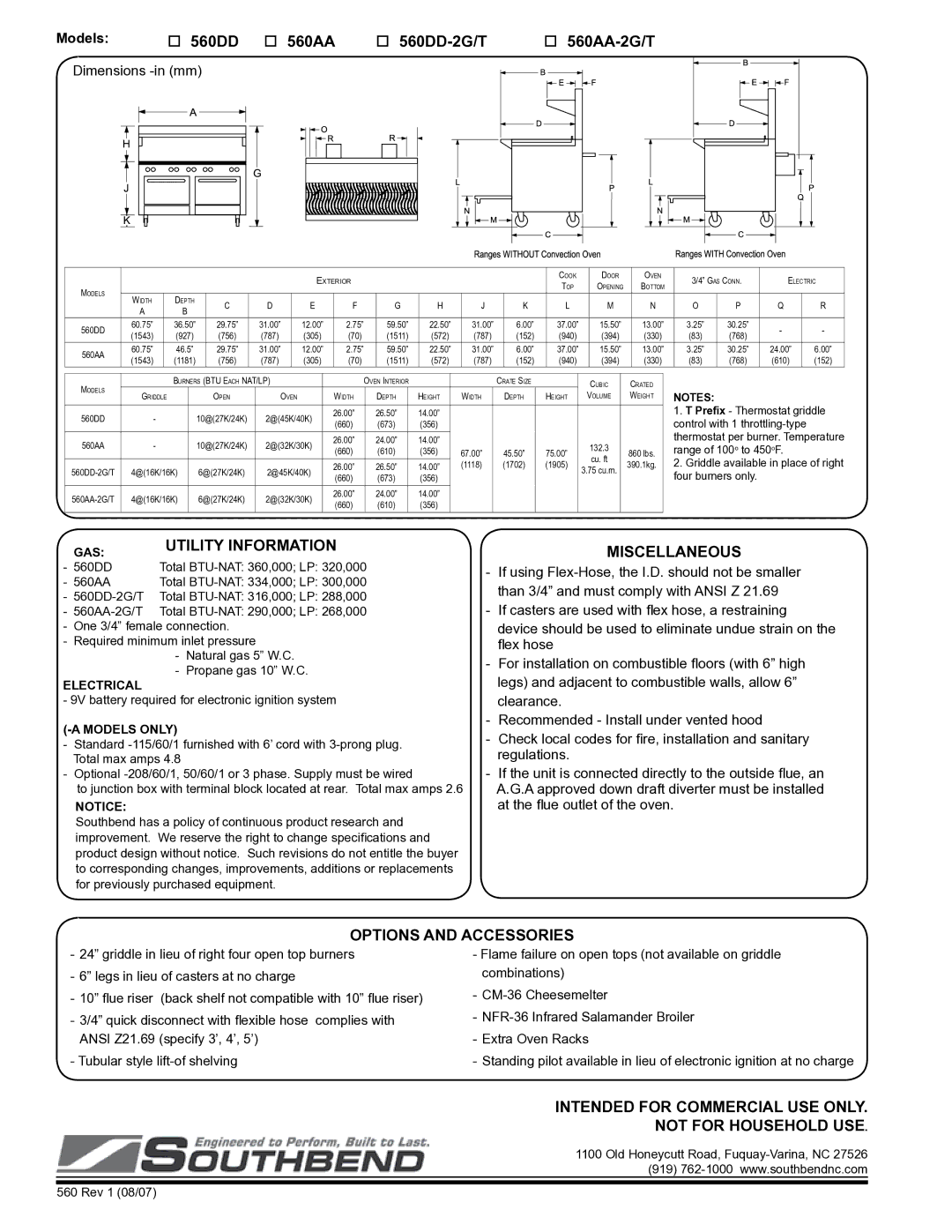 Southbend 500 Series  560DD  560AA  560DD-2G/T, Utility information, Miscellaneous, Options and accessories 