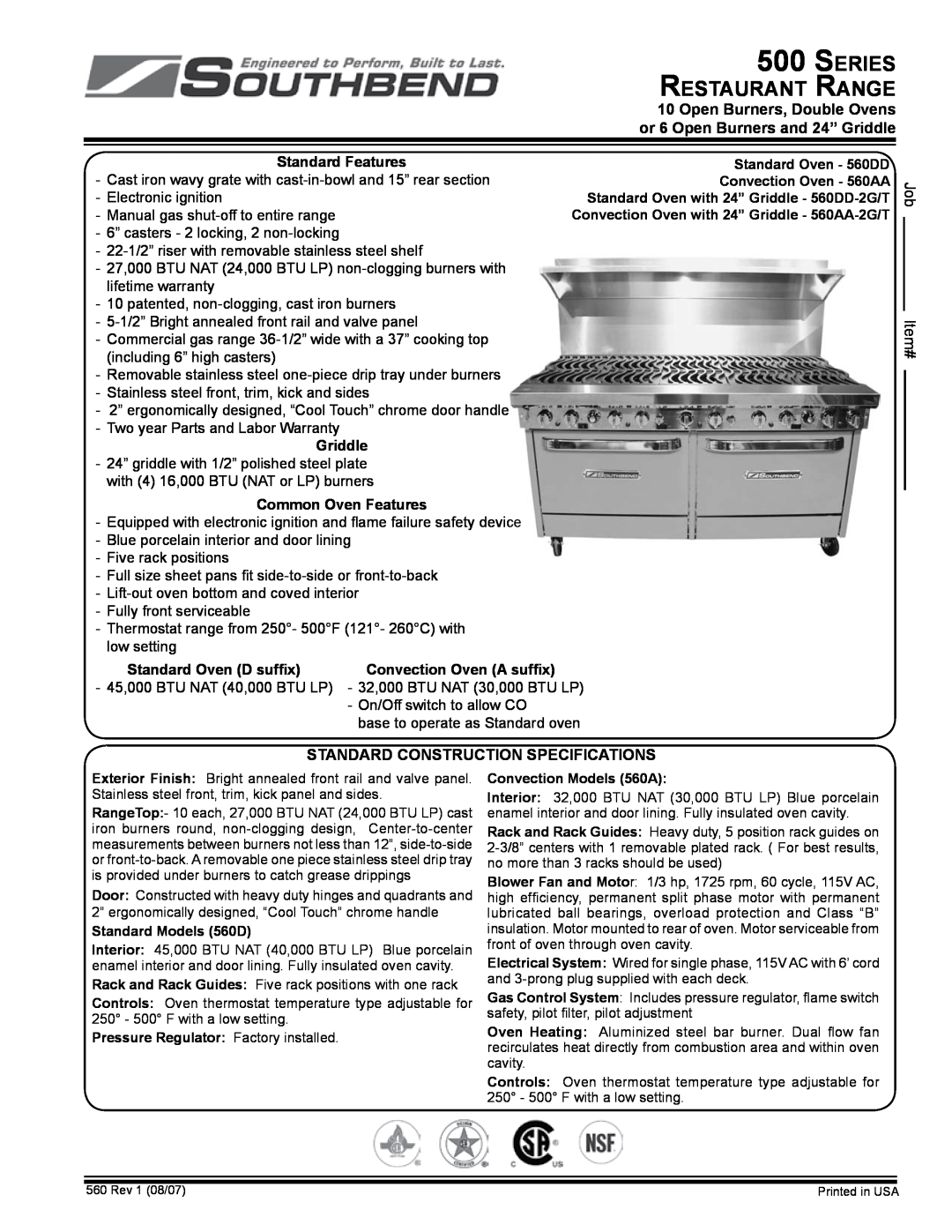 Southbend 500 Series specifications Open Burners, Double Ovens, or 6 Open Burners and 24” Griddle, Standard Features 