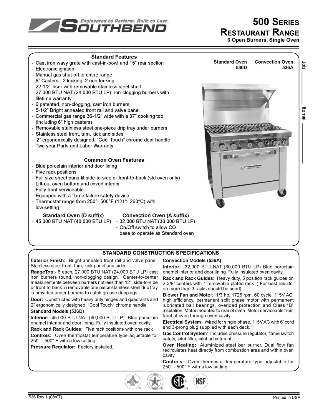 Southbend 536D, 536A warranty Open Burners, Single Oven Standard Features, Common Oven Features 