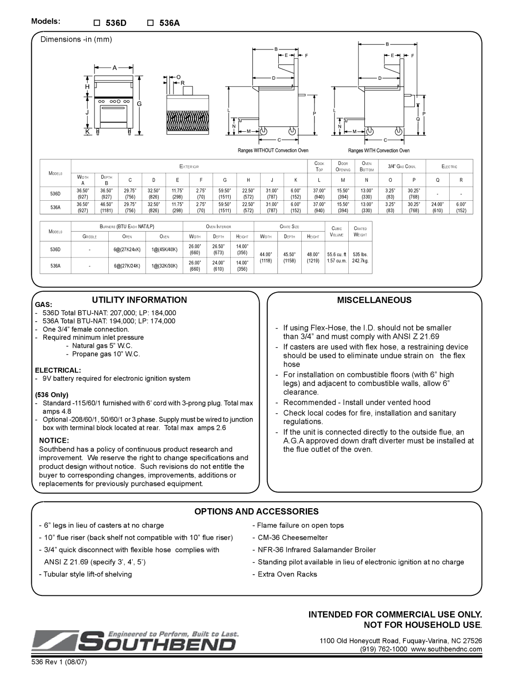 Southbend warranty  536D  536A, Utility information, Miscellaneous, Options and accessories, Models 