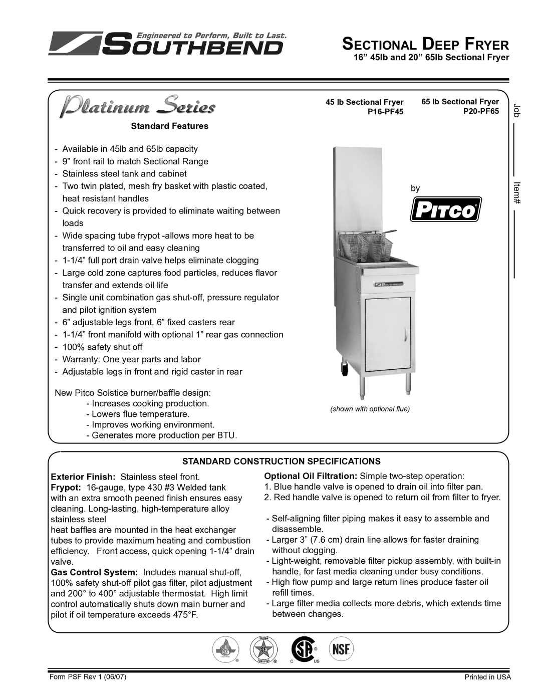 Southbend warranty Sectional Deep Fryer, 16 45lb and 20 65lb Sectional Fryer Standard Features 