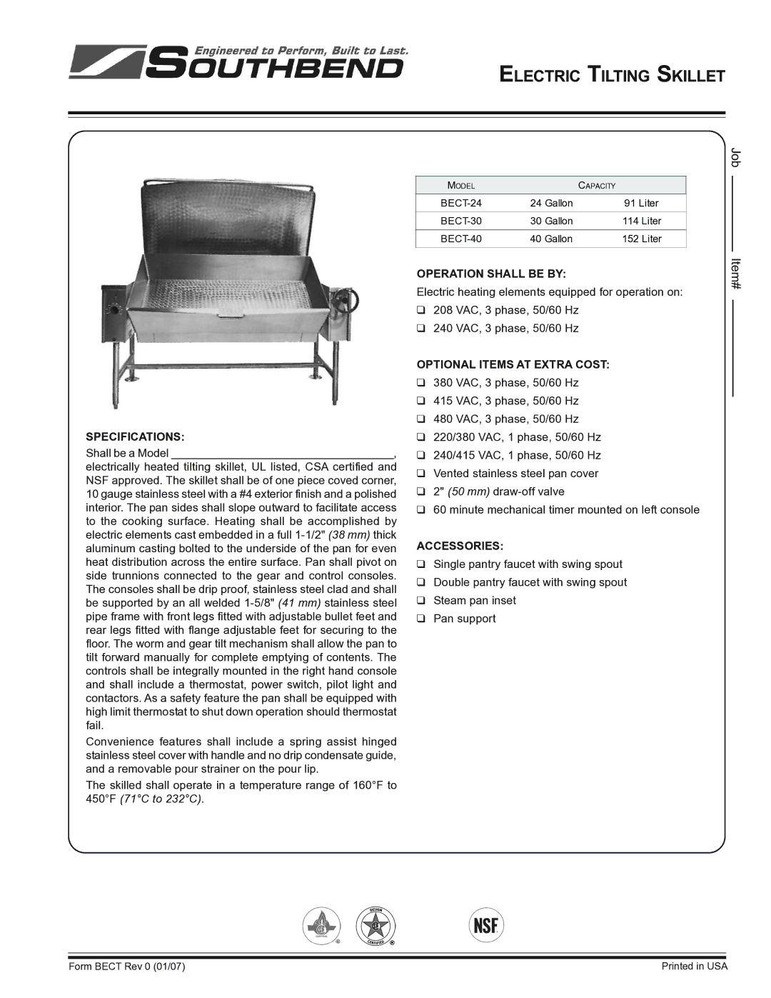 Southbend BECT-30, BECT-40 specifications Electric Tilting Skillet, Specifications, Operation Shall be by, Accessories 