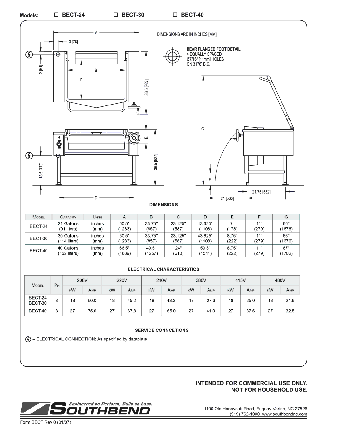 Southbend specifications BECT-24 BECT-30 BECT-40, Dimensions, Electrical Characteristics, Service Conncetions 