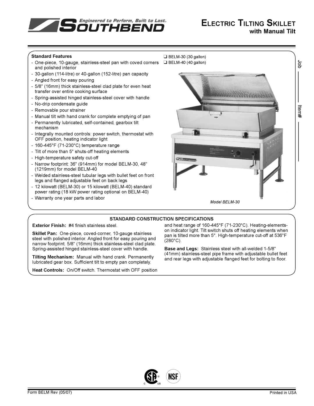 Southbend BELM-40, BELM-30 specifications Standard Features, Standard Construction Specifications 