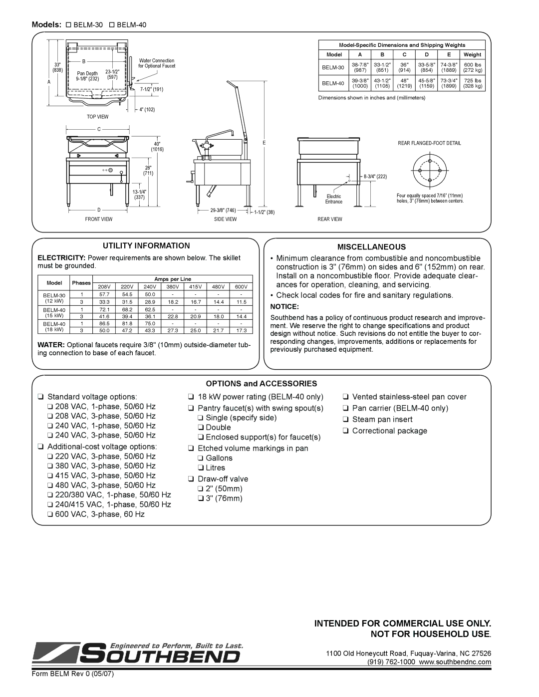 Southbend BELM-30, BELM-40 Utility Information, Miscellaneous, Check local codes for fire and sanitary regulations 