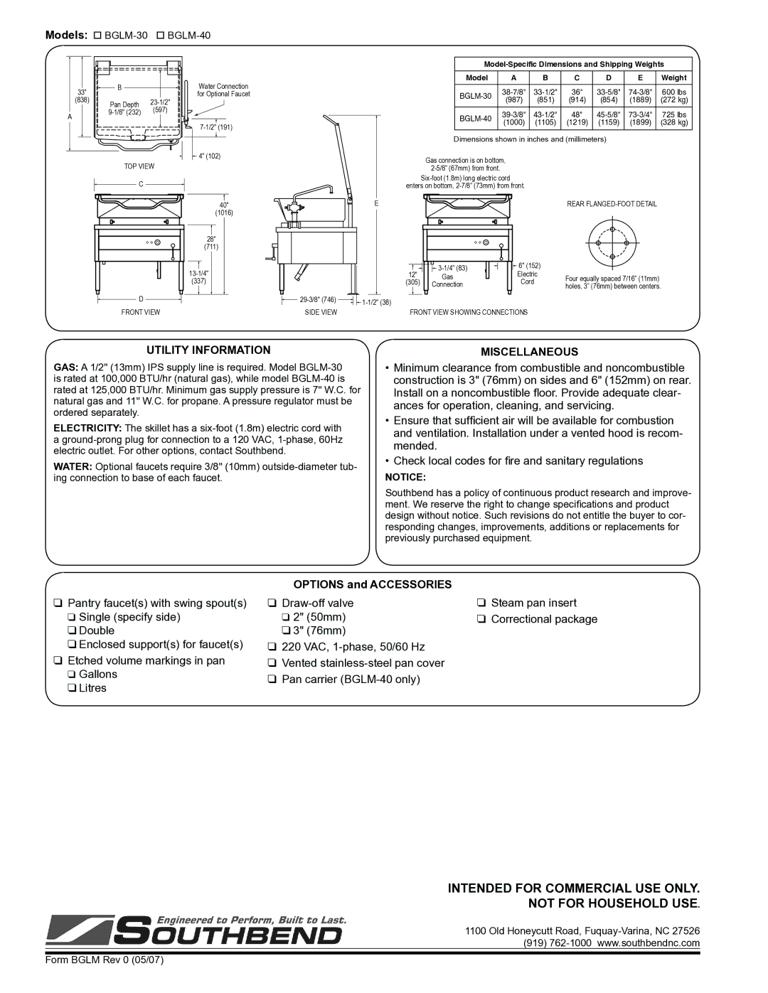 Southbend BGLM-30 specifications Utility Information, Miscellaneous, Options and Accessories 