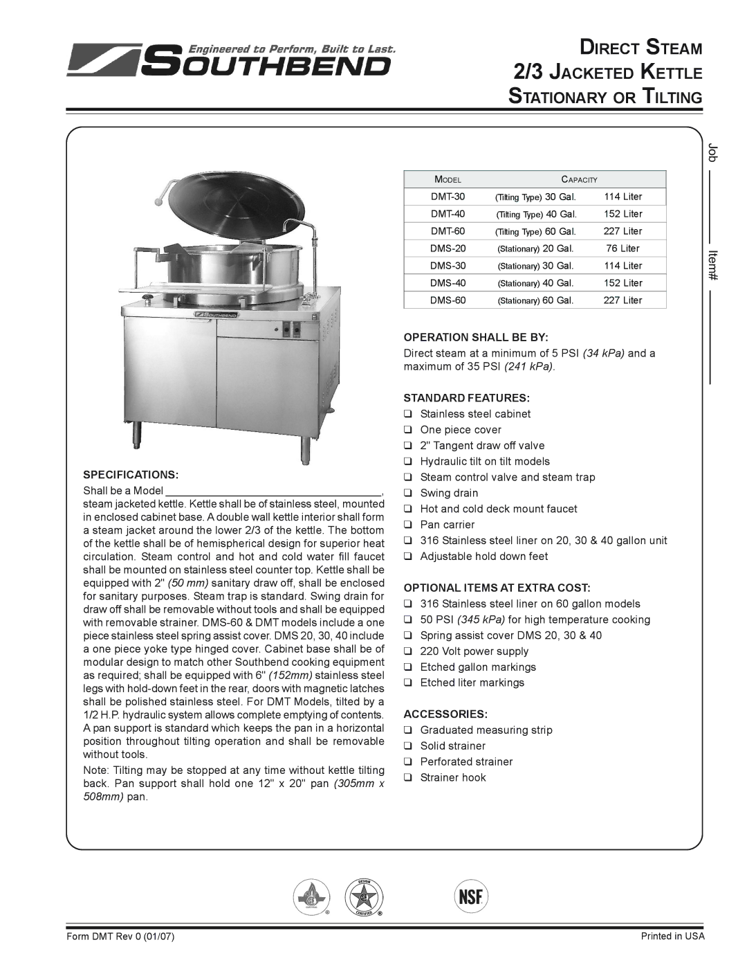 Southbend DMS-30, DMS-20, DMS-40, DMS-60 specifications Direct Steam Jacketed Kettle Stationary or Tilting 