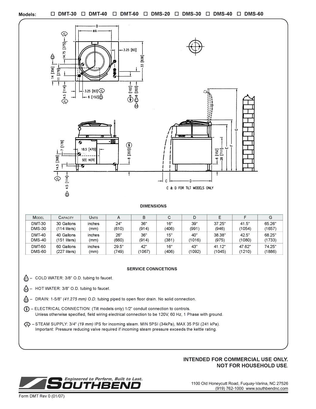 Southbend specifications DMT-30 DMT-40 DMT-60 DMS-20 DMS-30 DMS-40 DMS-60, Dimensions, Service Conncetions 