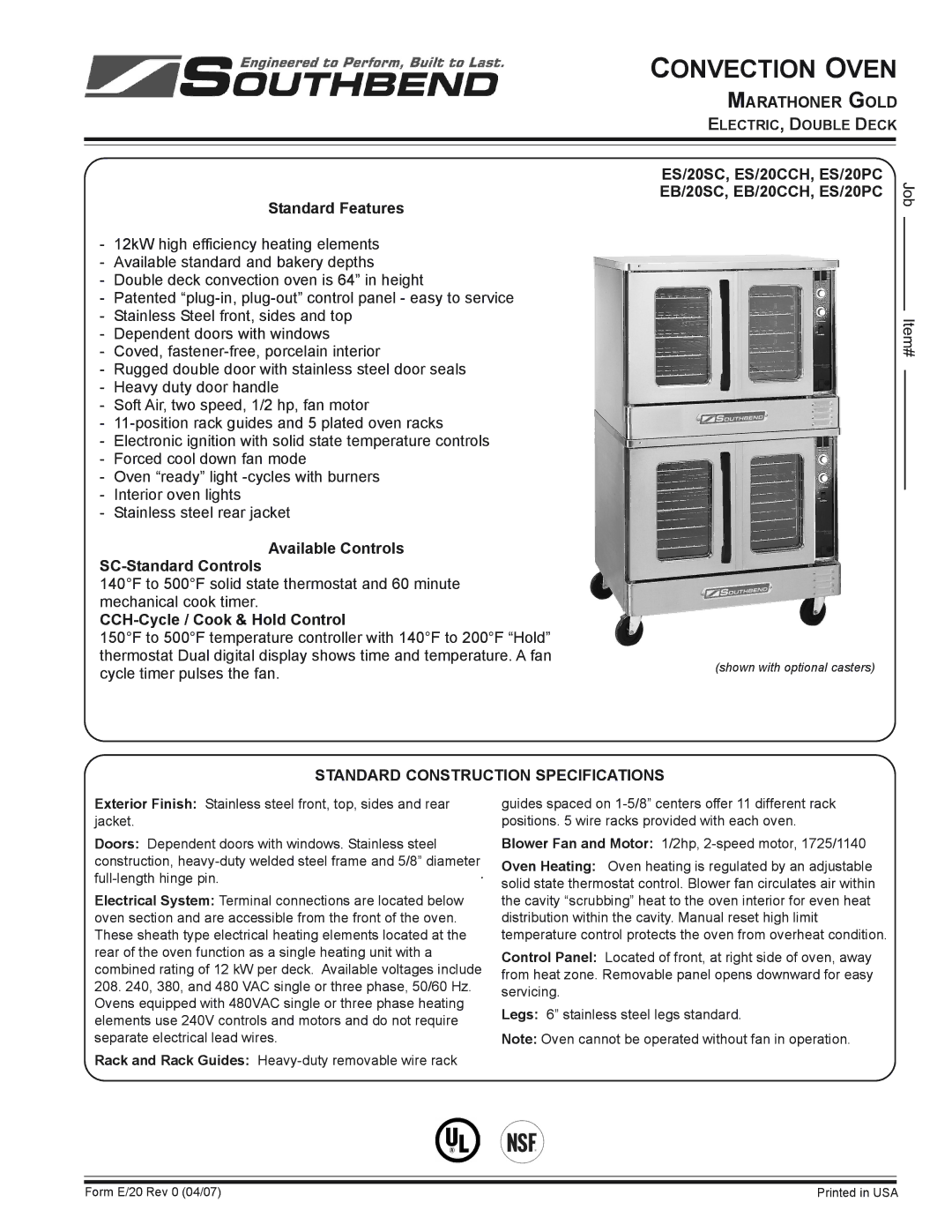 Southbend ES/20PC, EB/20SC specifications Marathoner Gold, Standard Construction Specifications 