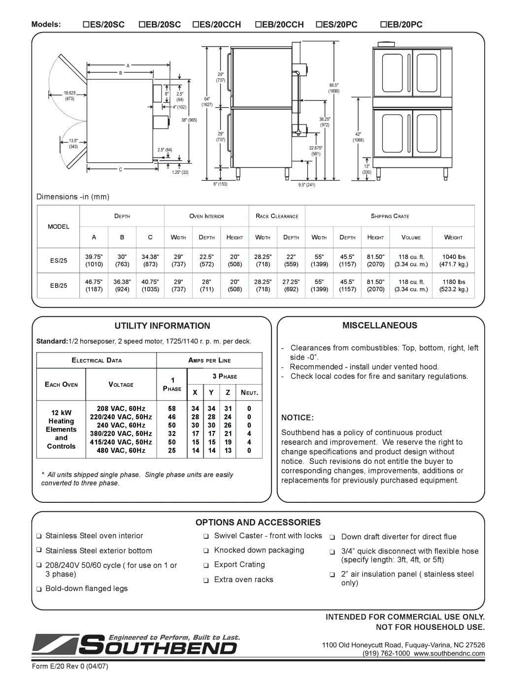 Southbend ES/20PC, EB/20SC Models ES/20SC EB/20SC ES/20CCH, EB/20CCH ES/20PC EB/20PC, Utility Information, Miscellaneous 