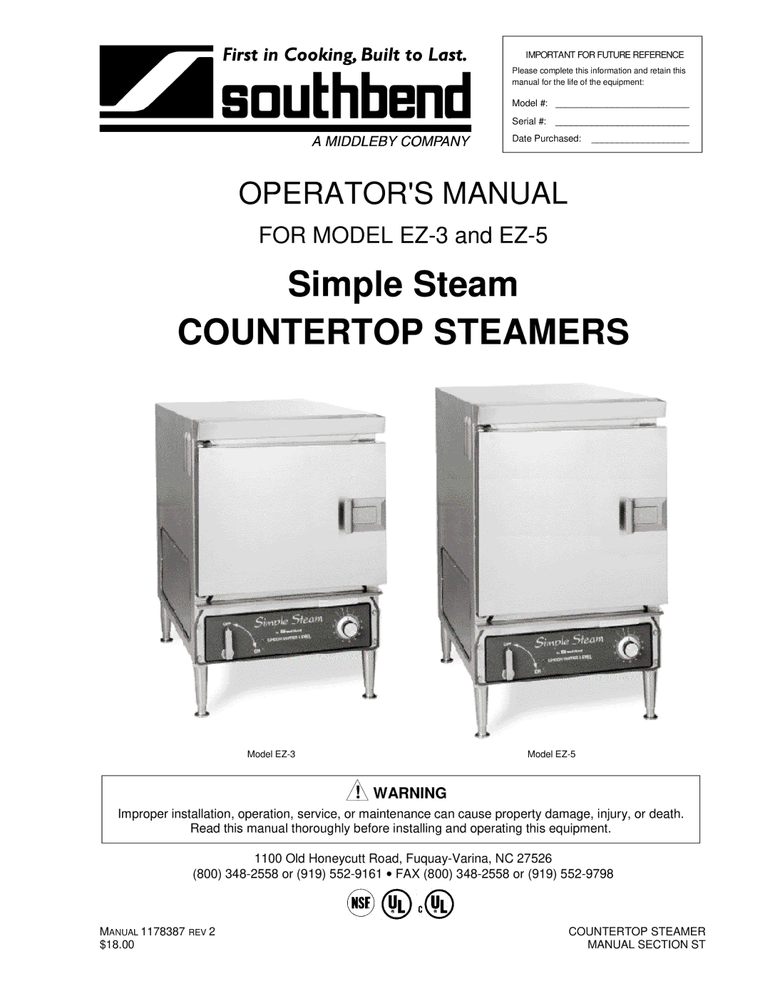 Southbend EZ-5, EZ-3 manual Countertop Steamers 