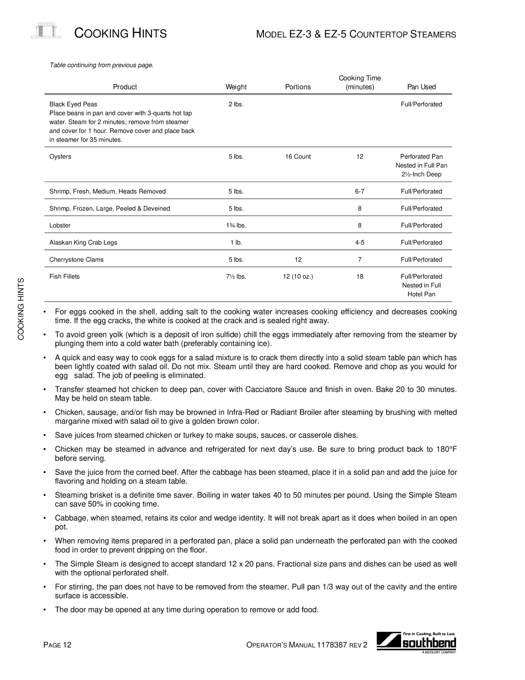 Southbend EZ-3, EZ-5 manual Product Weight Portions Minutes Pan Used 