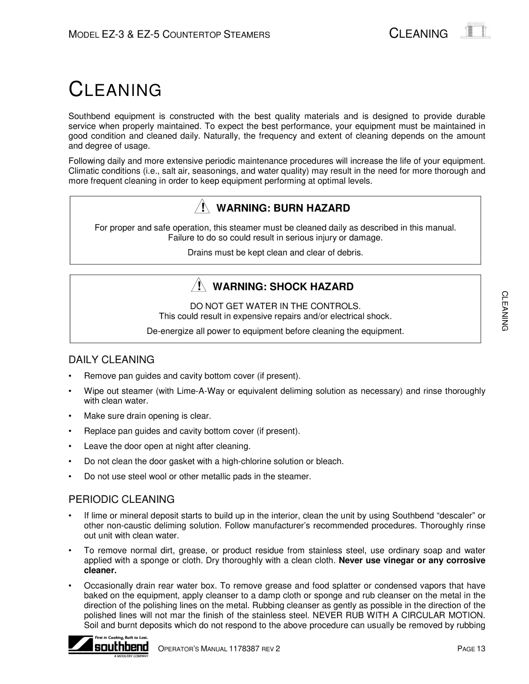 Southbend EZ-5, EZ-3 manual Daily Cleaning, Periodic Cleaning 