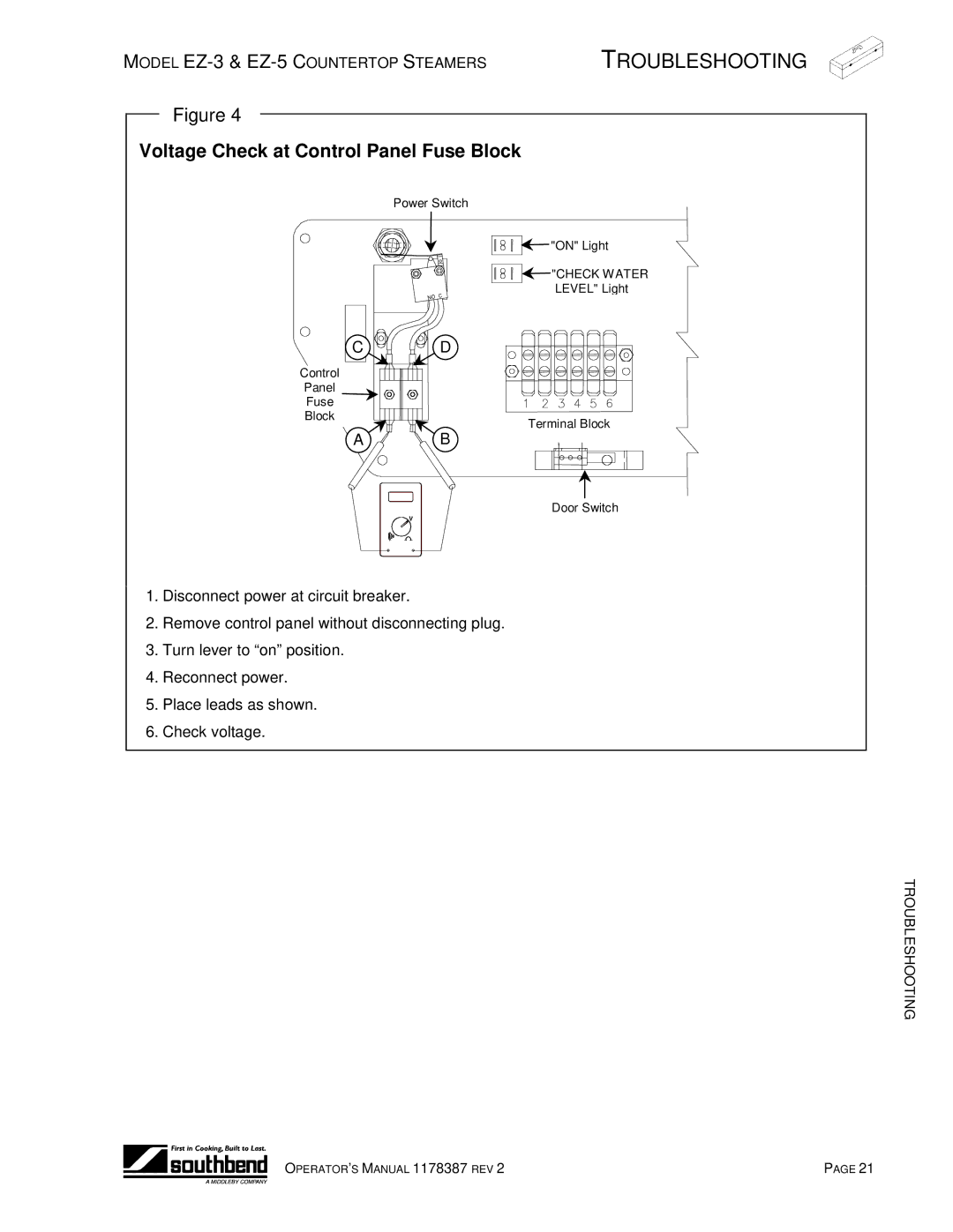 Southbend EZ-5, EZ-3 manual Voltage Check at Control Panel Fuse Block 