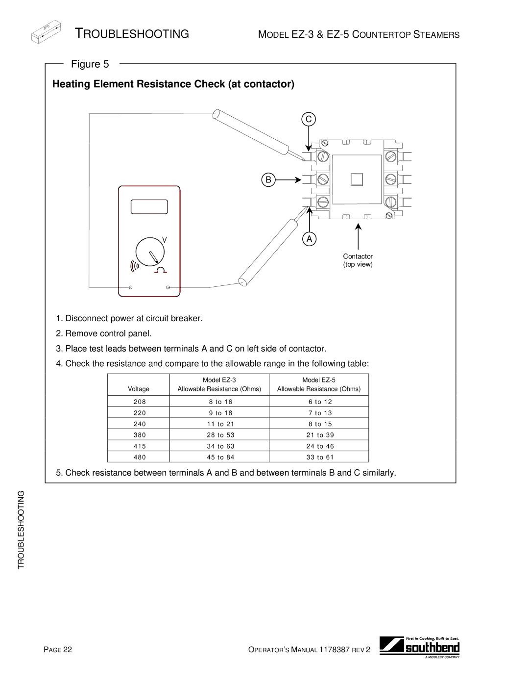 Southbend EZ-3, EZ-5 manual Heating Element Resistance Check at contactor 