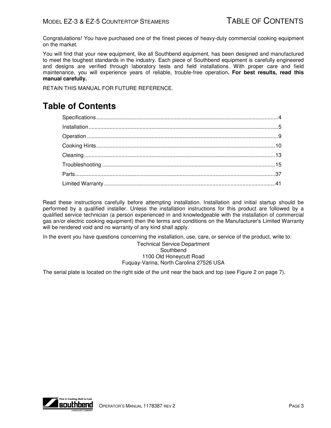 Southbend EZ-5, EZ-3 manual Table of Contents 