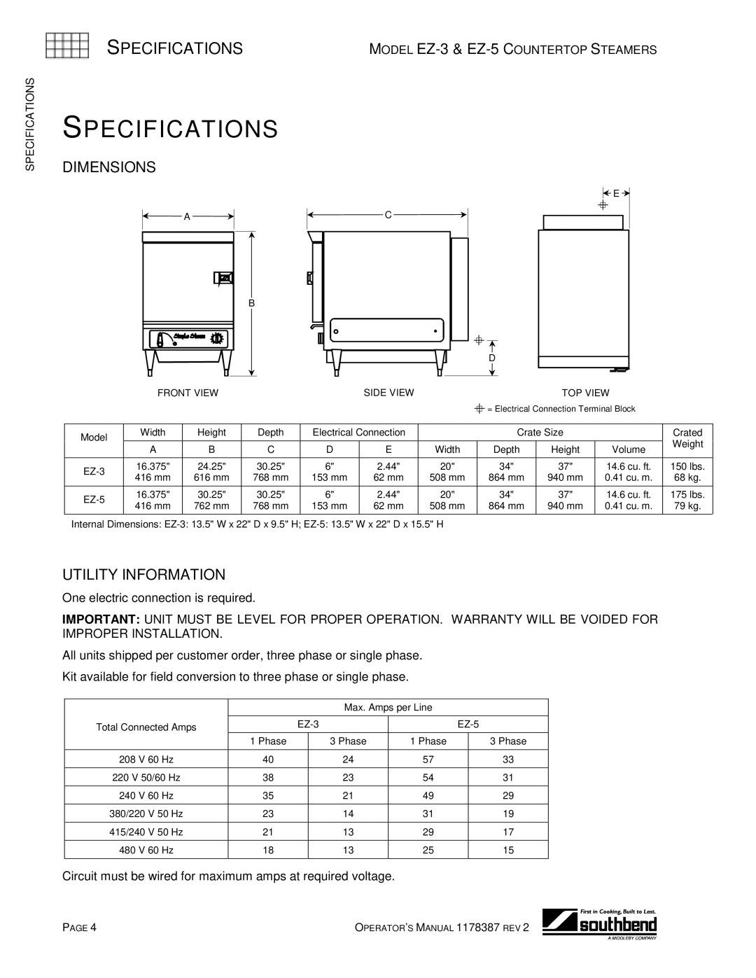 Southbend EZ-3, EZ-5 manual Specifications, Dimensions, Utility Information 