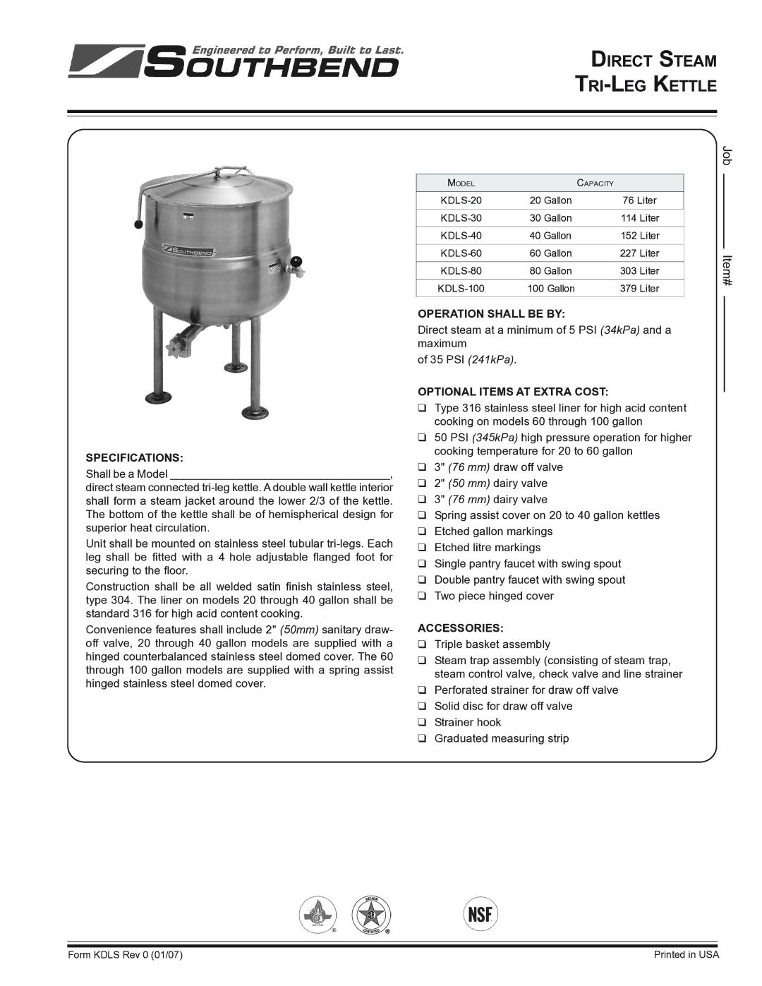 Southbend KDLS-60, KDLS-80 specifications Direct Steam TRI-LEG Kettle, Specifications, Operation Shall be by, Accessories 