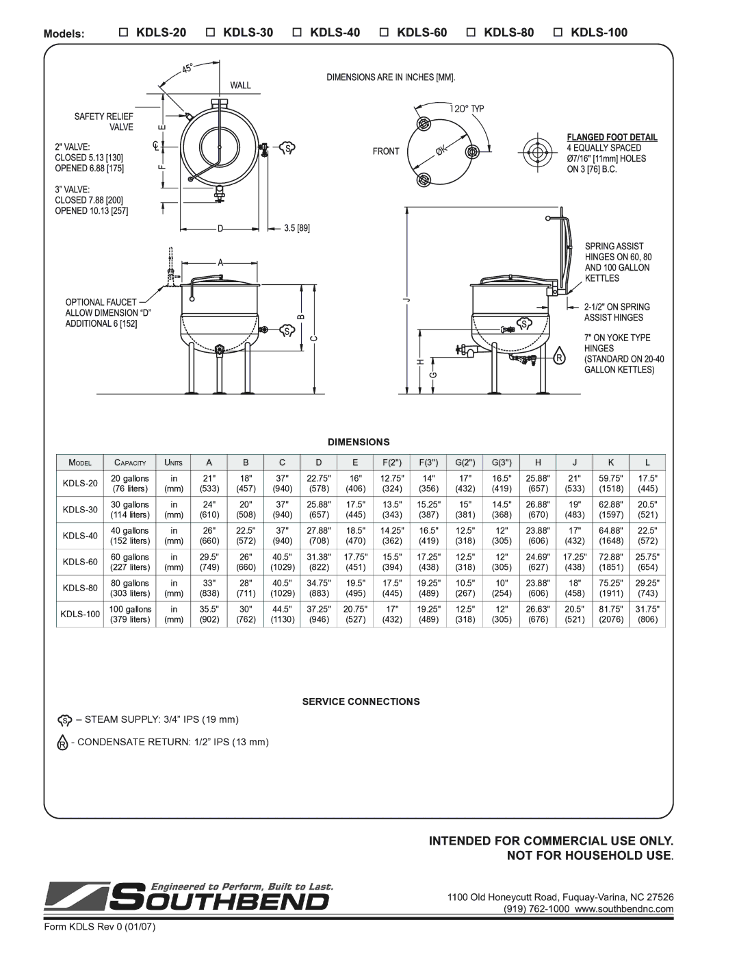 Southbend specifications KDLS-20 KDLS-30 KDLS-40 KDLS-60 KDLS-80 KDLS-100, Dimensions, Service Connections 