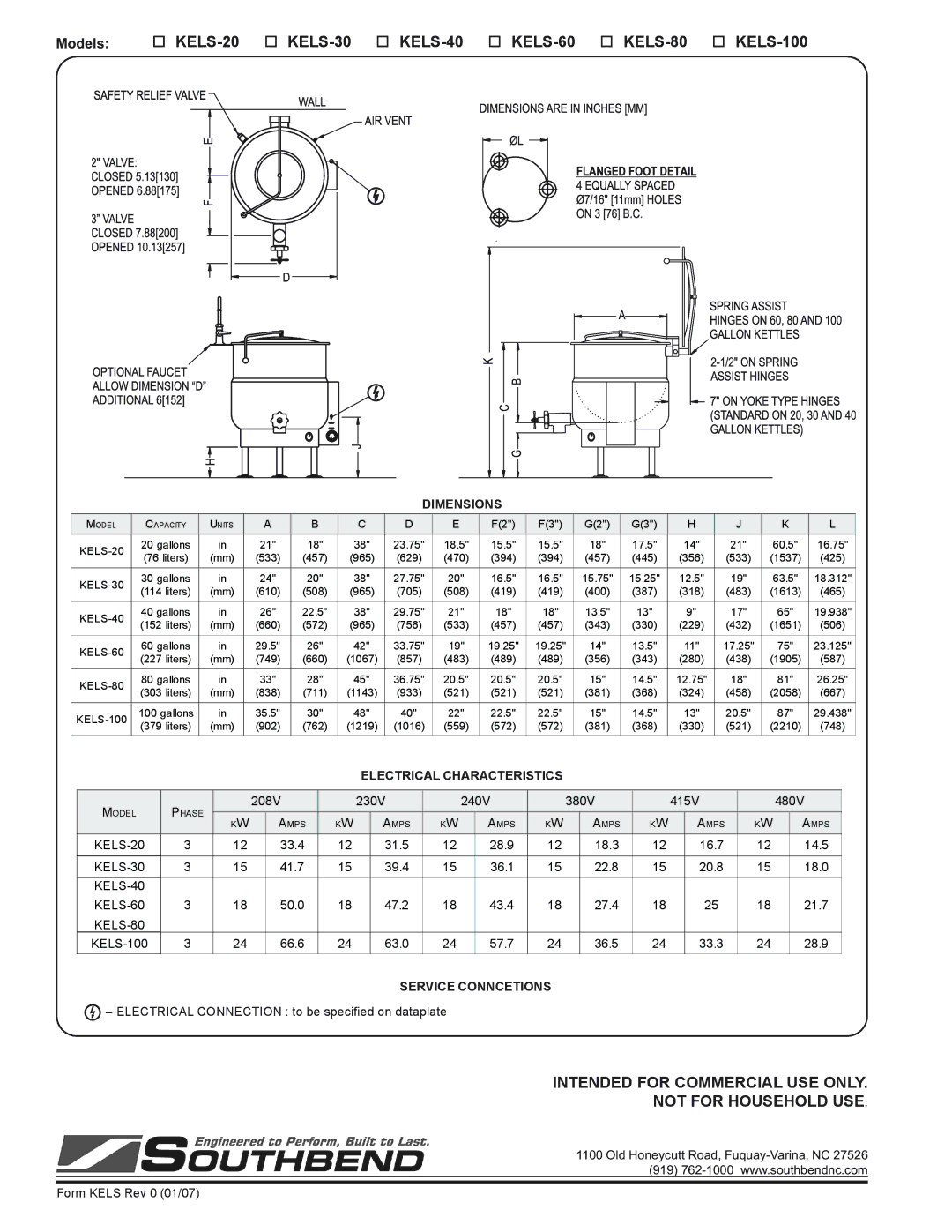 Southbend KELS-20 KELS-30 KELS-40 KELS-60 KELS-80 KELS-100, Dimensions, Electrical Characteristics, Service Conncetions 