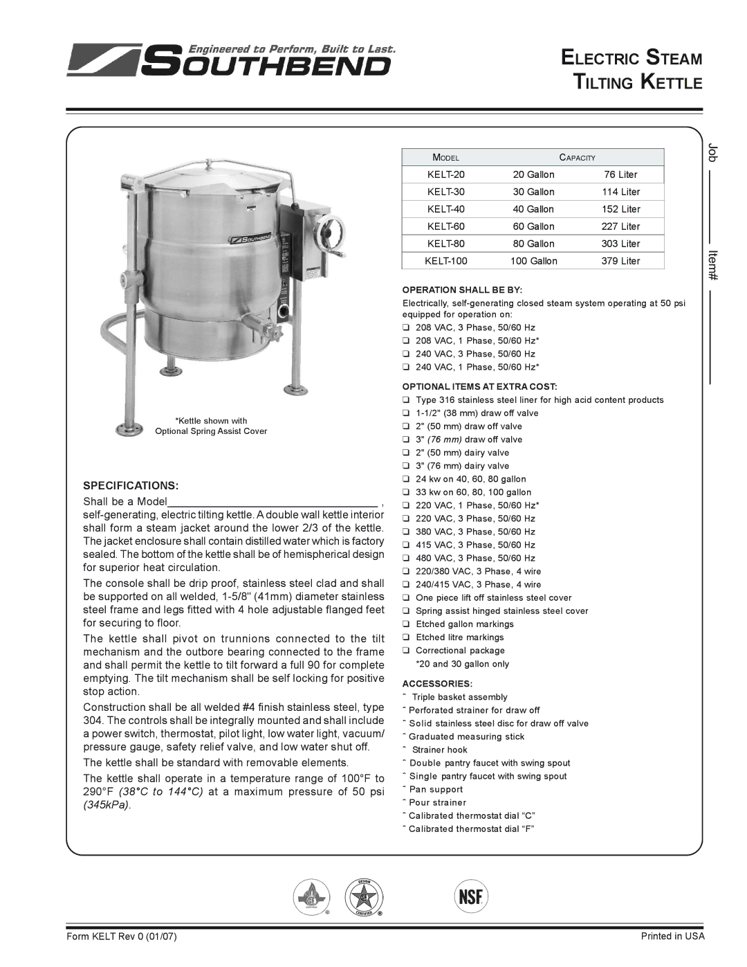 Southbend KELT-20, KELT-100 specifications KELT-30, KELT-40, KELT-60, KELT-80 